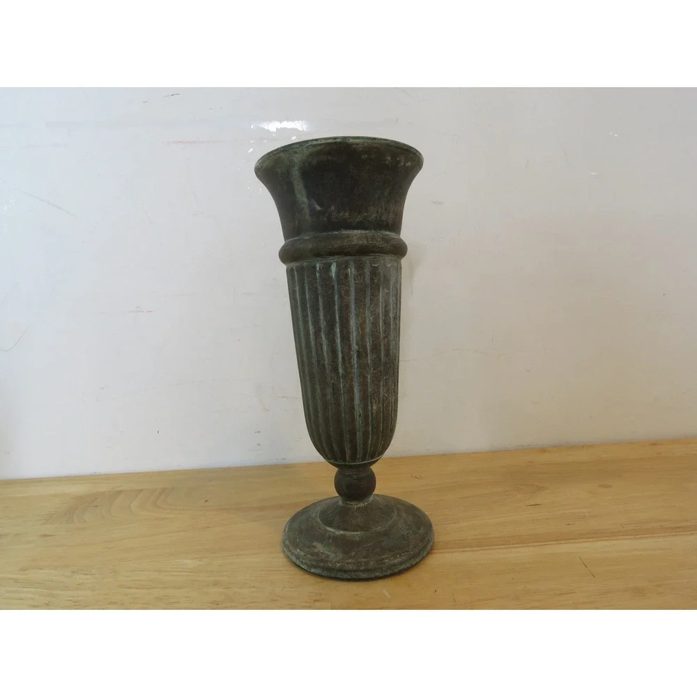 VTG Set of 2 Andrea by Sadek Metal Tulip Pedestal Vases with Verdigris Patina
